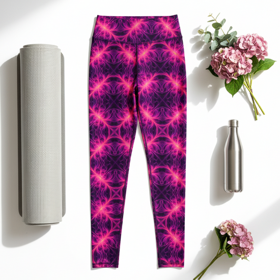 Flat lay styling of Orchid Current leggings with yoga accessories