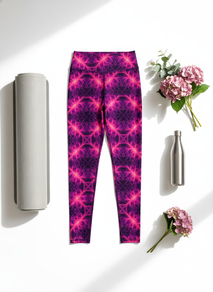 Flat lay styling of Orchid Current leggings with yoga accessories