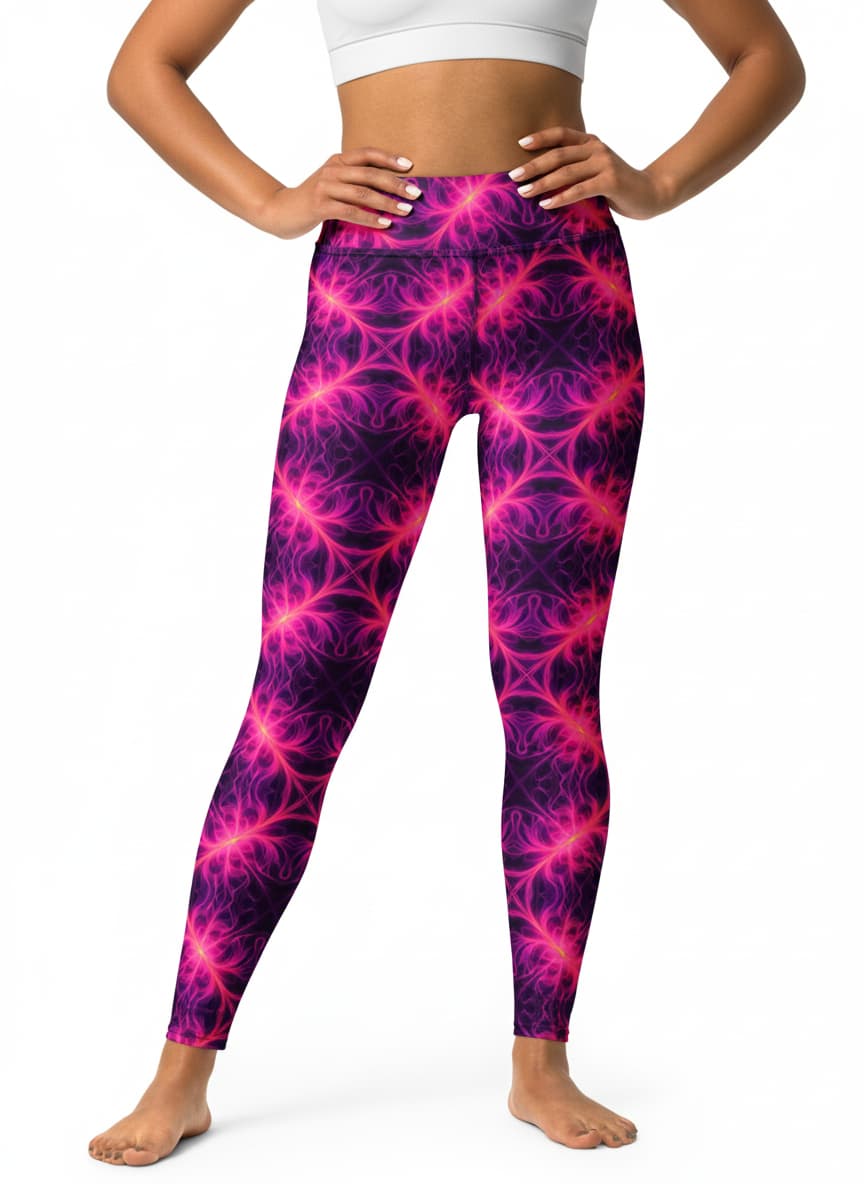 Person wearing pink and purple patterned leggings on a white background