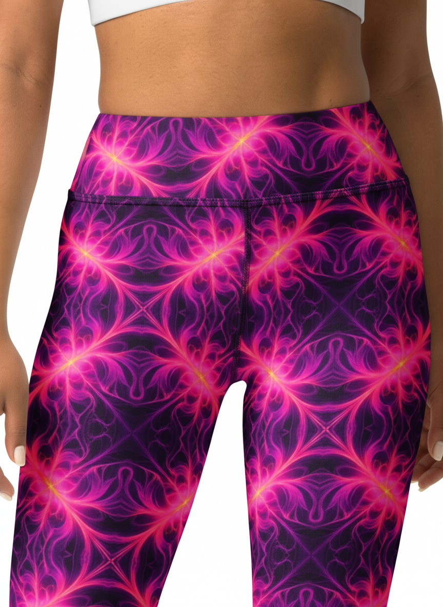 Close-up of Orchid Current leggings high waistband and kaleidoscope pattern detail