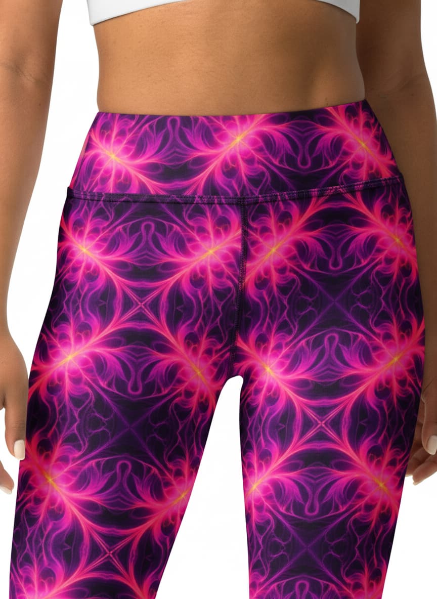 Pink and purple patterned leggings worn by a person on a white background