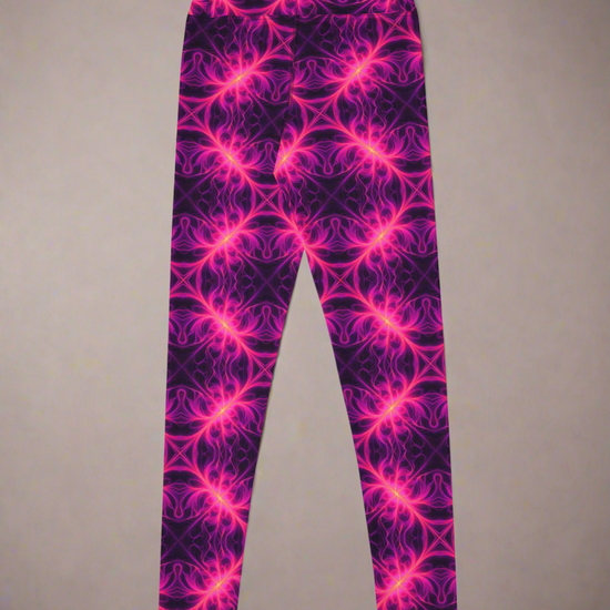 Back flat lay of Orchid Current Yoga Leggings featuring a vivid neon pink and purple fractal-inspired pattern on a deep background, highlighting the bold symmetrical design.