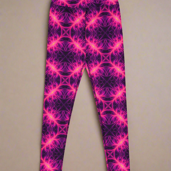 Front flat lay of Orchid Current Yoga Leggings featuring a vivid neon pink and purple fractal-inspired pattern on a deep background, highlighting the bold symmetrical design.