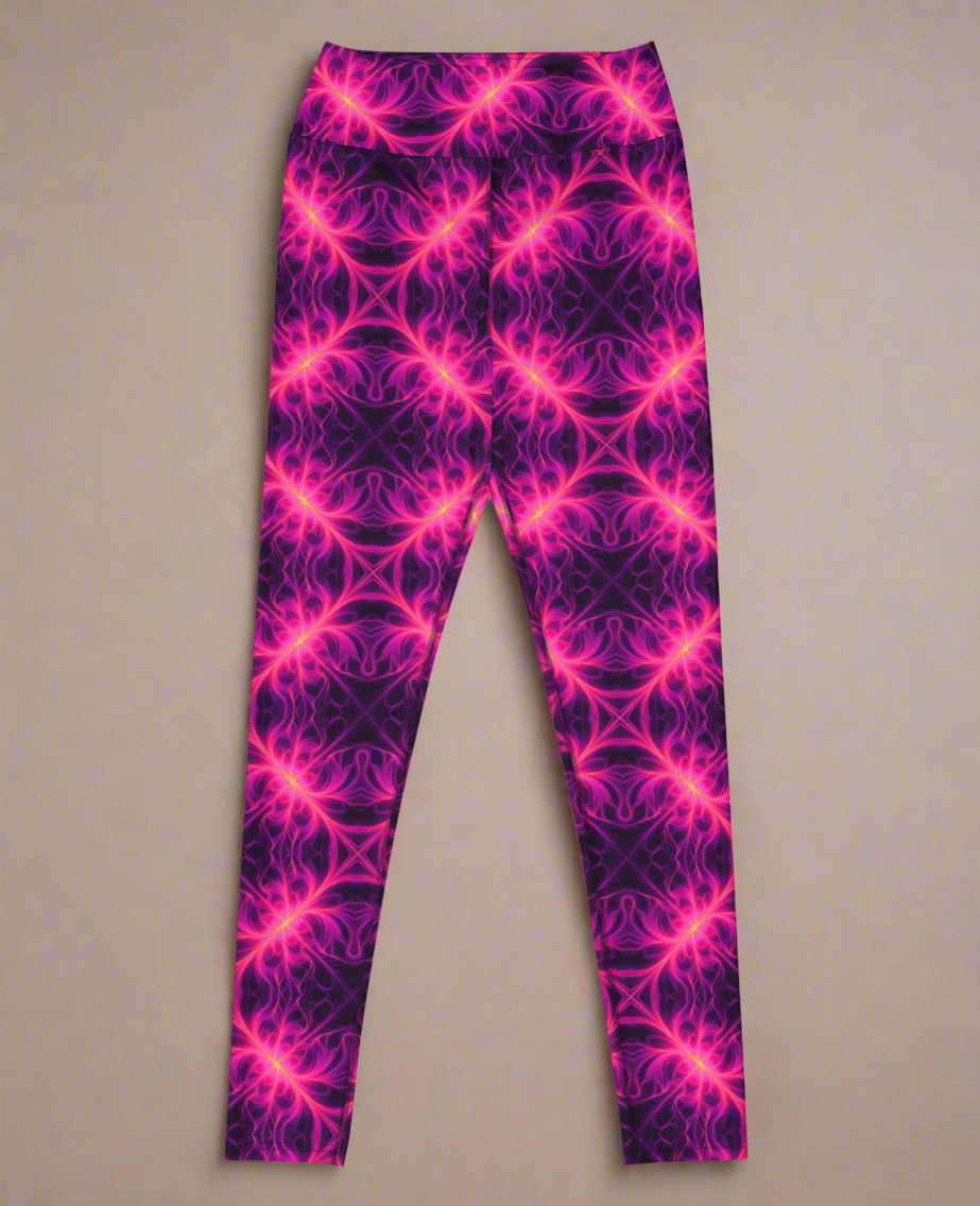 Front flat lay of Orchid Current Yoga Leggings featuring a vivid neon pink and purple fractal-inspired pattern on a deep background, highlighting the bold symmetrical design.