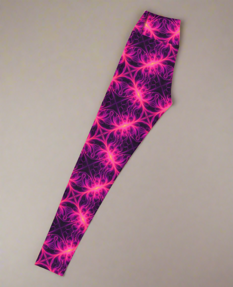 Left-side flat lay of Orchid Current Yoga Leggings featuring a vivid neon pink fractal-inspired pattern on a deep purple background, highlighting the bold and symmetrical design.