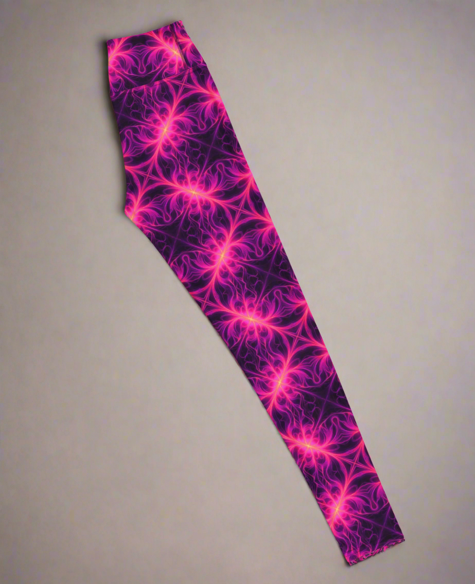 Right-side flat lay of Orchid Current Yoga Leggings featuring a vivid neon pink fractal-inspired pattern on a deep purple background, highlighting the bold and symmetrical design.