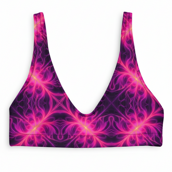 Pink and purple patterned sports bra on a white background