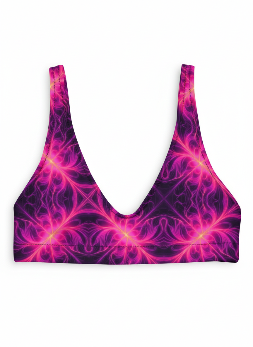 Pink and purple patterned sports bra on a white background