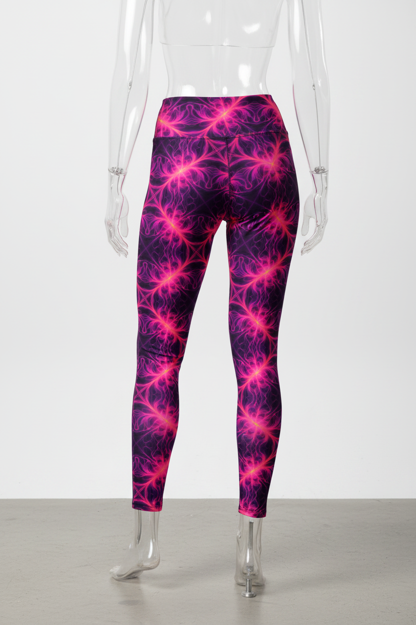 A manneq shown from the back wearing high-waisted leggings with a vivid pink and magenta fractal or lightning-bolt pattern on a dark purple background, photographed against a clean white studio backdrop.in