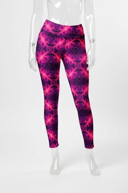 A mannequin wearing high-waisted leggings with a vibrant magenta and purple fractal pattern, shown from the waist down on a white background.