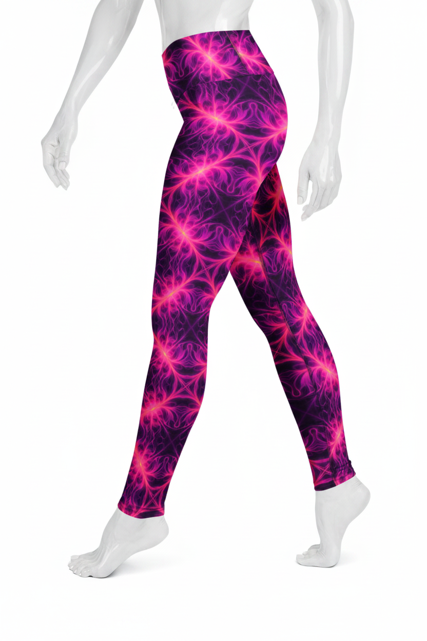 A mannequin modeling high-waisted leggings with a vivid pink and purple fractal flame pattern against a plain white background.