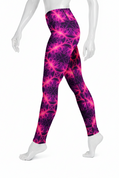 A mannequin modeling high-waisted leggings with a vivid pink and purple fractal flame pattern against a plain white background.