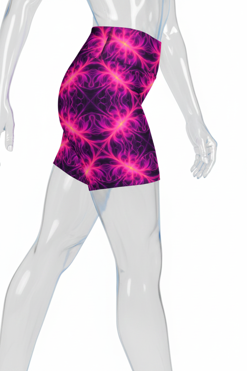 A mannequin wearing high-waisted athletic shorts with a vibrant magenta and purple fractal lightning pattern, shown from the waist down on a white background.