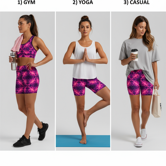 Three scenarios showing a woman in different outfits for gym, yoga, and casual wear with pink and purple shorts.