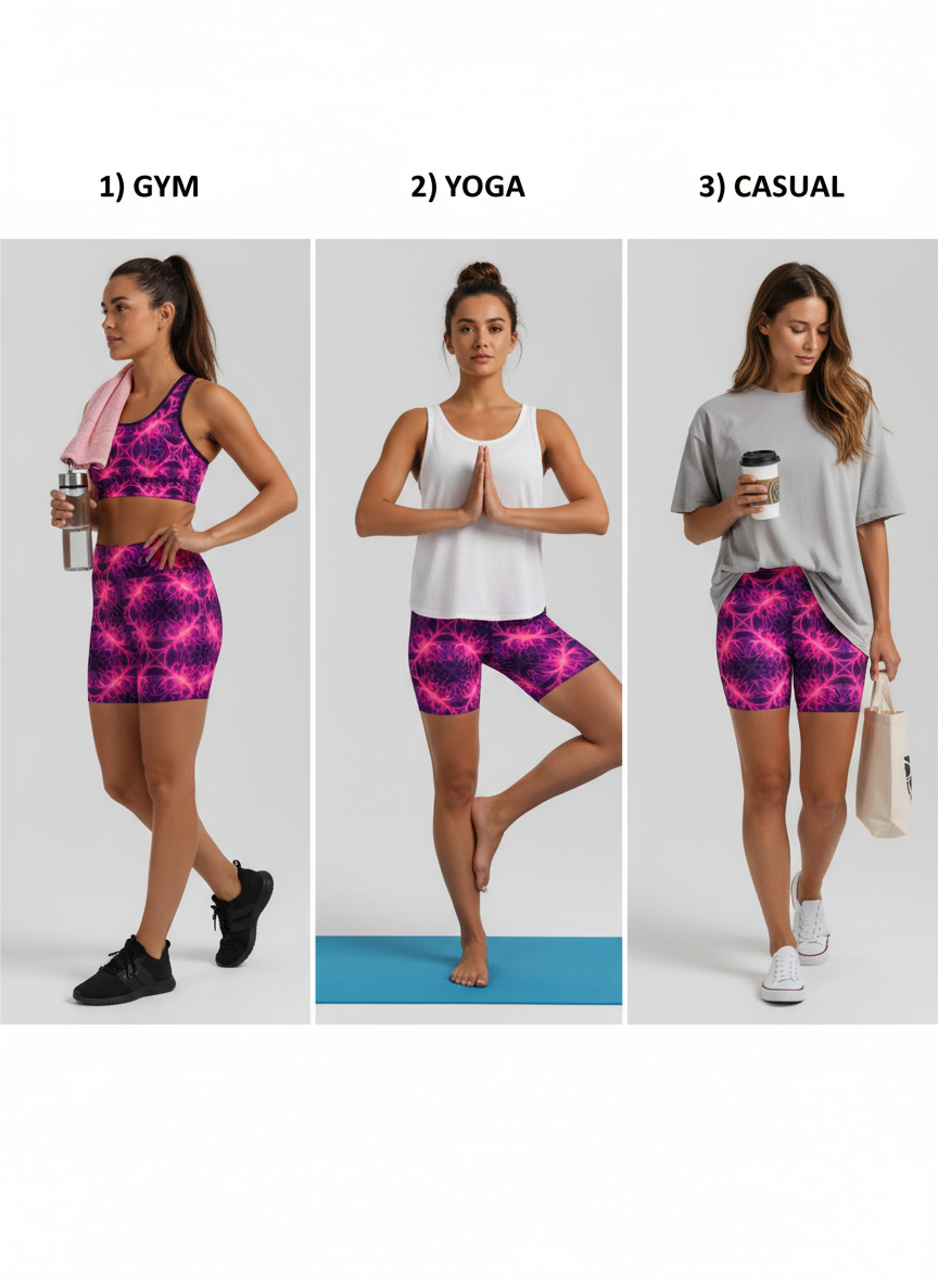 Three scenarios showing a woman in different outfits for gym, yoga, and casual wear with pink and purple shorts.