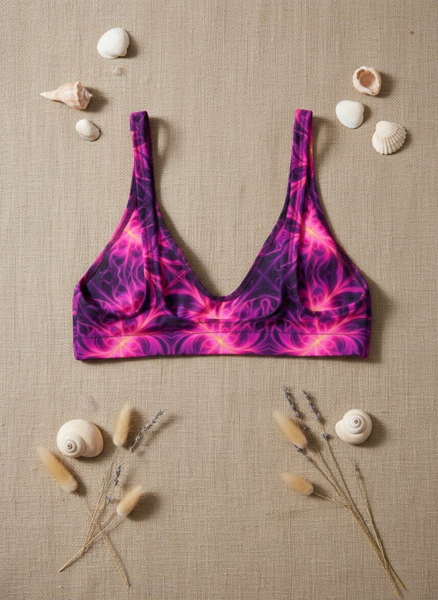 Purple and pink patterned bikini top on a beige fabric background with shells and dried plants.