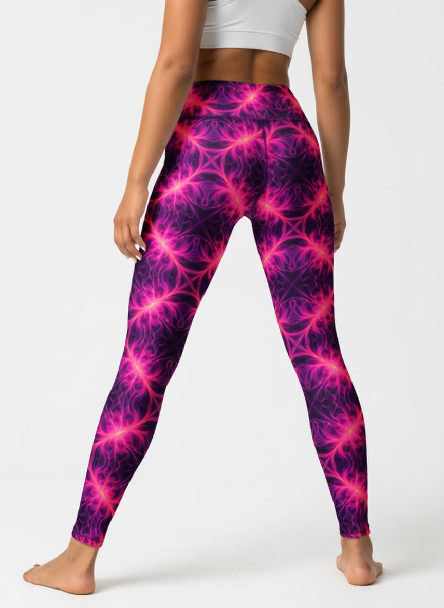 Person wearing a vibrant pink and purple patterned leggings on a white background
