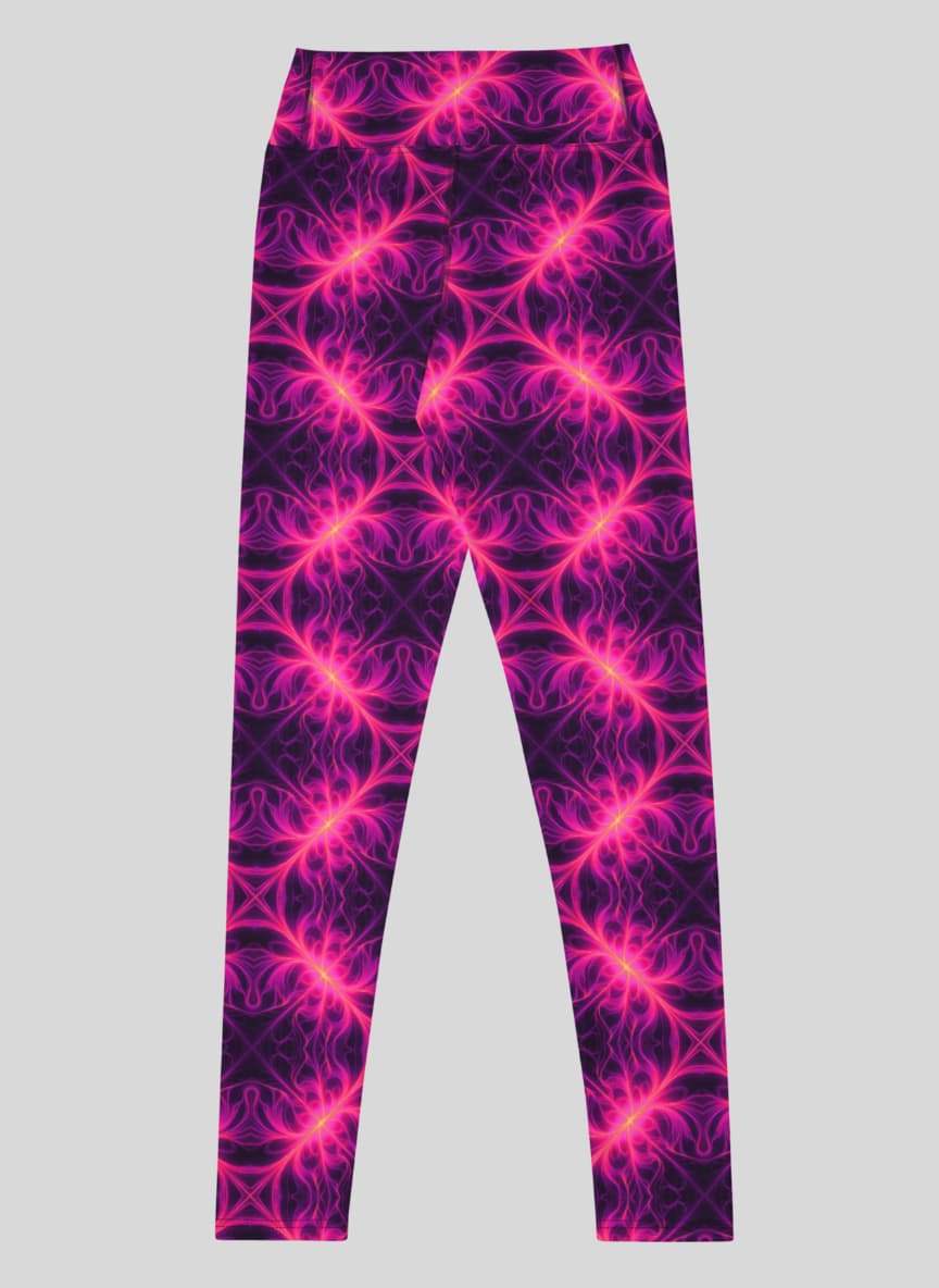 Leggings with a pink and purple geometric pattern on a gray background