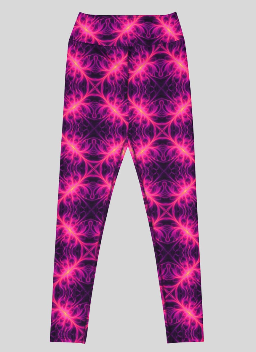 Leggings with a pink and purple geometric pattern on a gray background