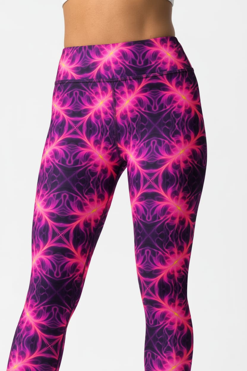 Leggings with a vibrant pink and purple abstract pattern on a white background