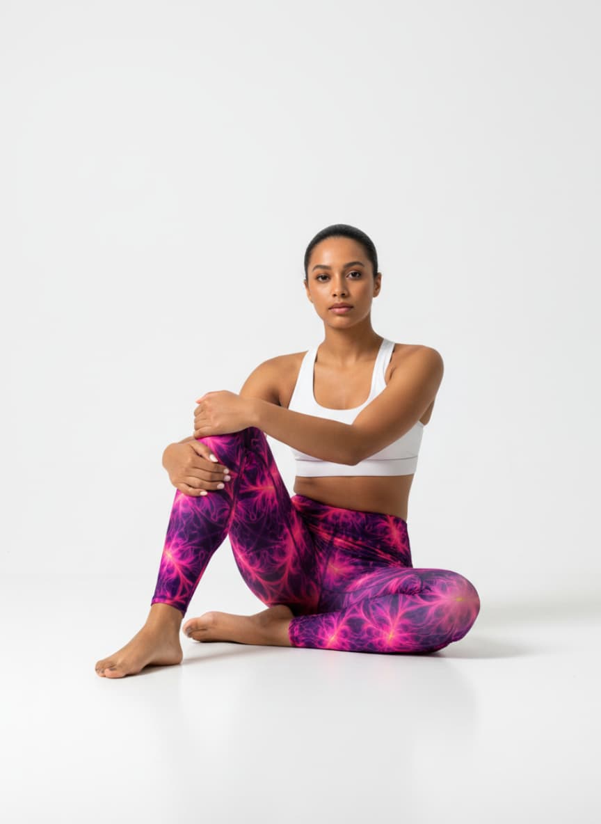 Woman wearing a white sports bra and pink tie-dye leggings sitting on a white background