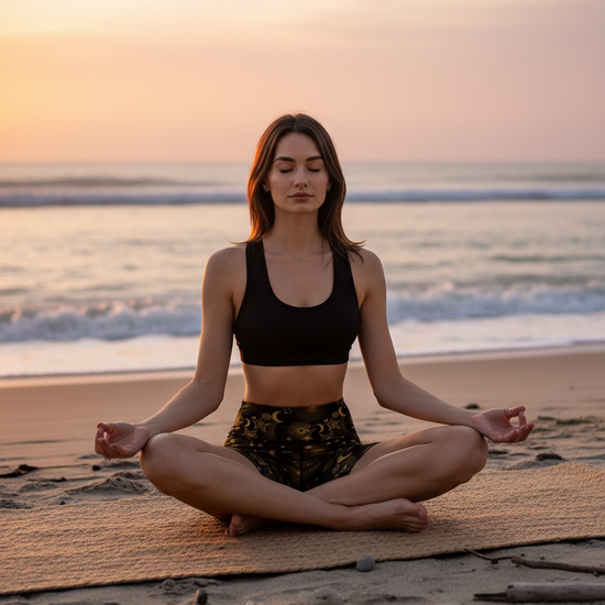 Woman meditating on a beach at sunset