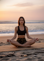 Woman meditating on a beach at sunset