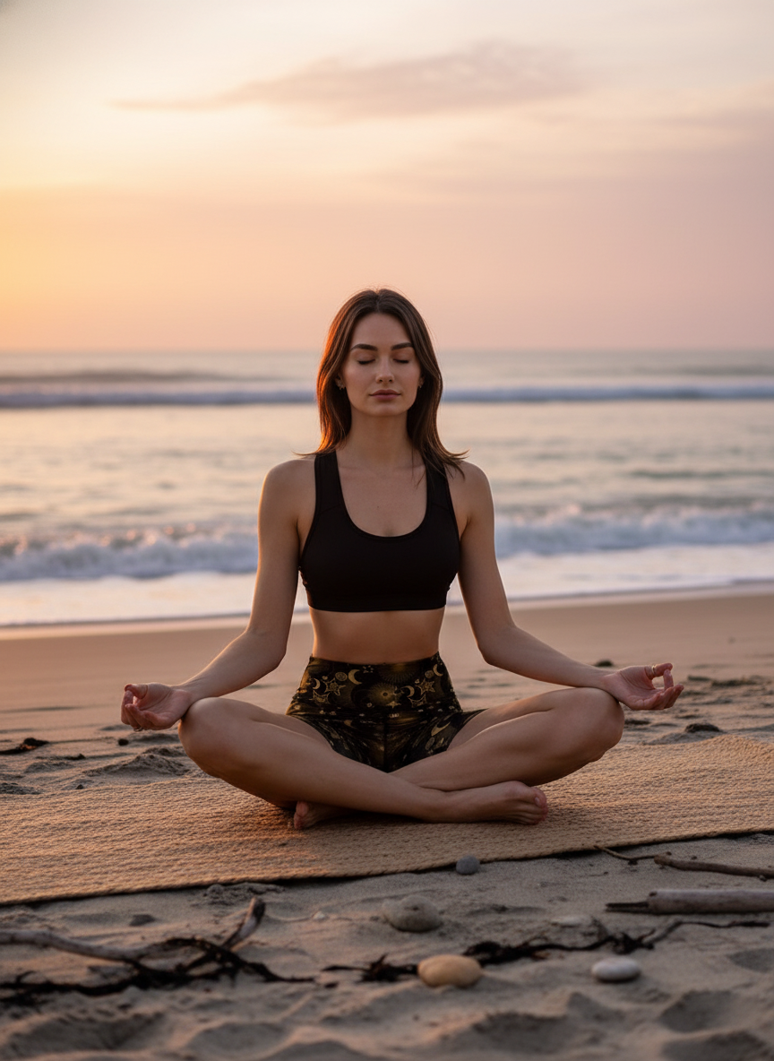 Woman meditating on a beach at sunset
