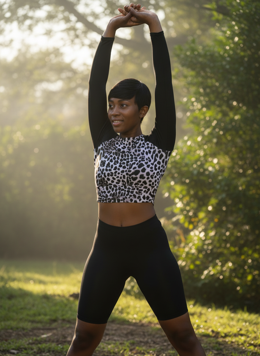 Woman wearing leopard print surf crop top with black sleeves, front view