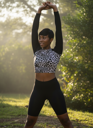 Woman wearing leopard print surf crop top with black sleeves, front view