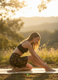 Woman practicing yoga outdoors in a natural setting with sunlight filtering through trees.