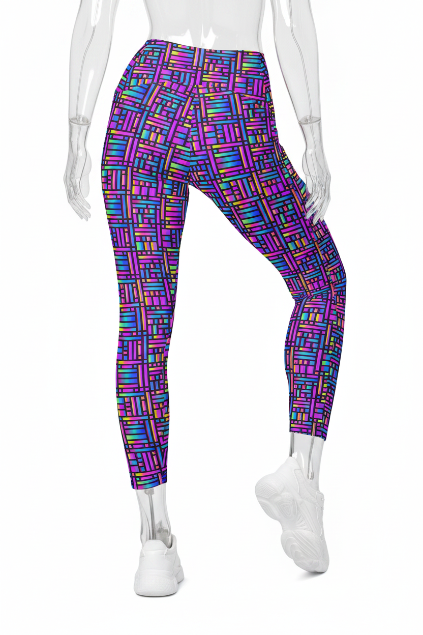 A mannequin wearing high-waisted leggings with a colorful geometric block pattern in purple, blue, pink, green, and orange, paired with white sneakers, shown against a plain white background.