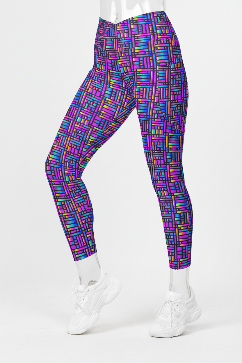 A mannequin wearing high-waisted leggings with a colorful geometric block pattern in purple, blue, pink, green, and yellow, paired with white sneakers on a plain white background.