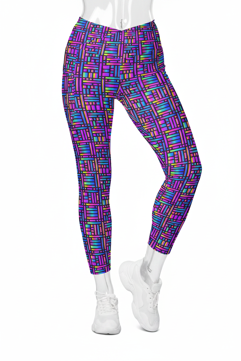 A mannequin wearing high-waisted leggings with a vibrant multicolor geometric block pattern in purple, blue, pink, and green, paired with white sneakers against a plain white background.