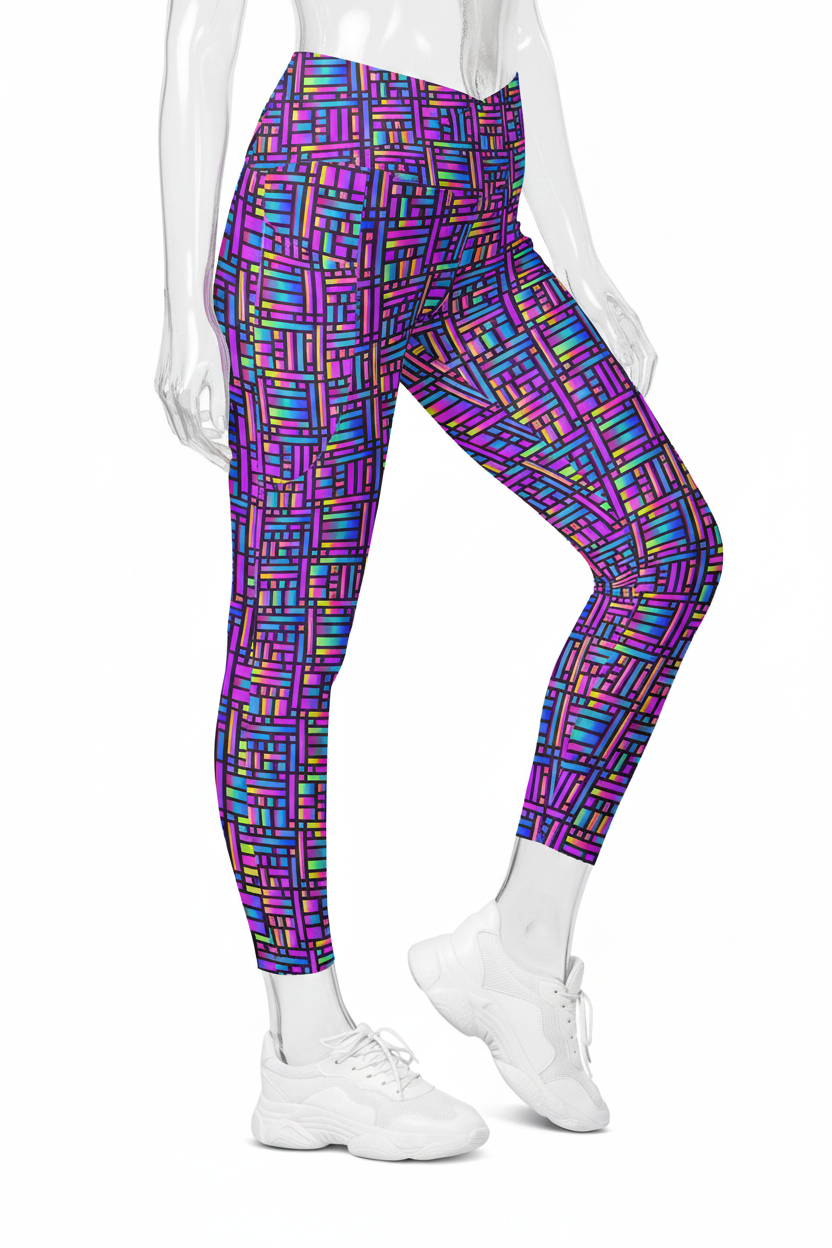 A mannequin modeling high-waisted leggings with a vibrant multicolor geometric pattern of intersecting lines in purple, blue, pink, and green, paired with white sneakers against a plain white background.