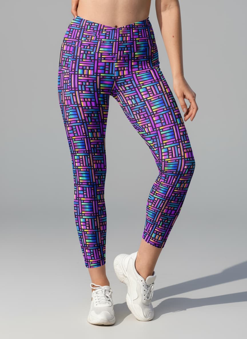 Person wearing colorful geometric patterned leggings on a gray background