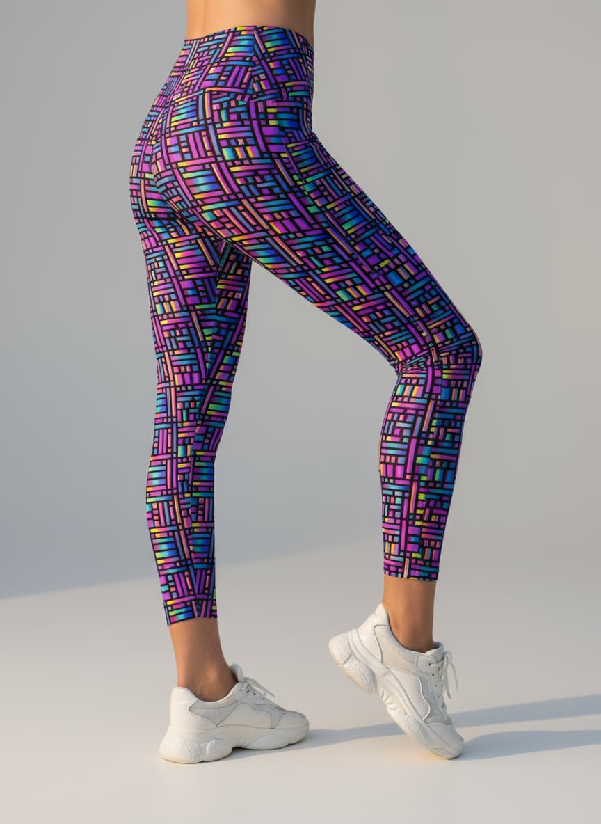 Multicolored geometric patterned leggings worn by a person on a gray background