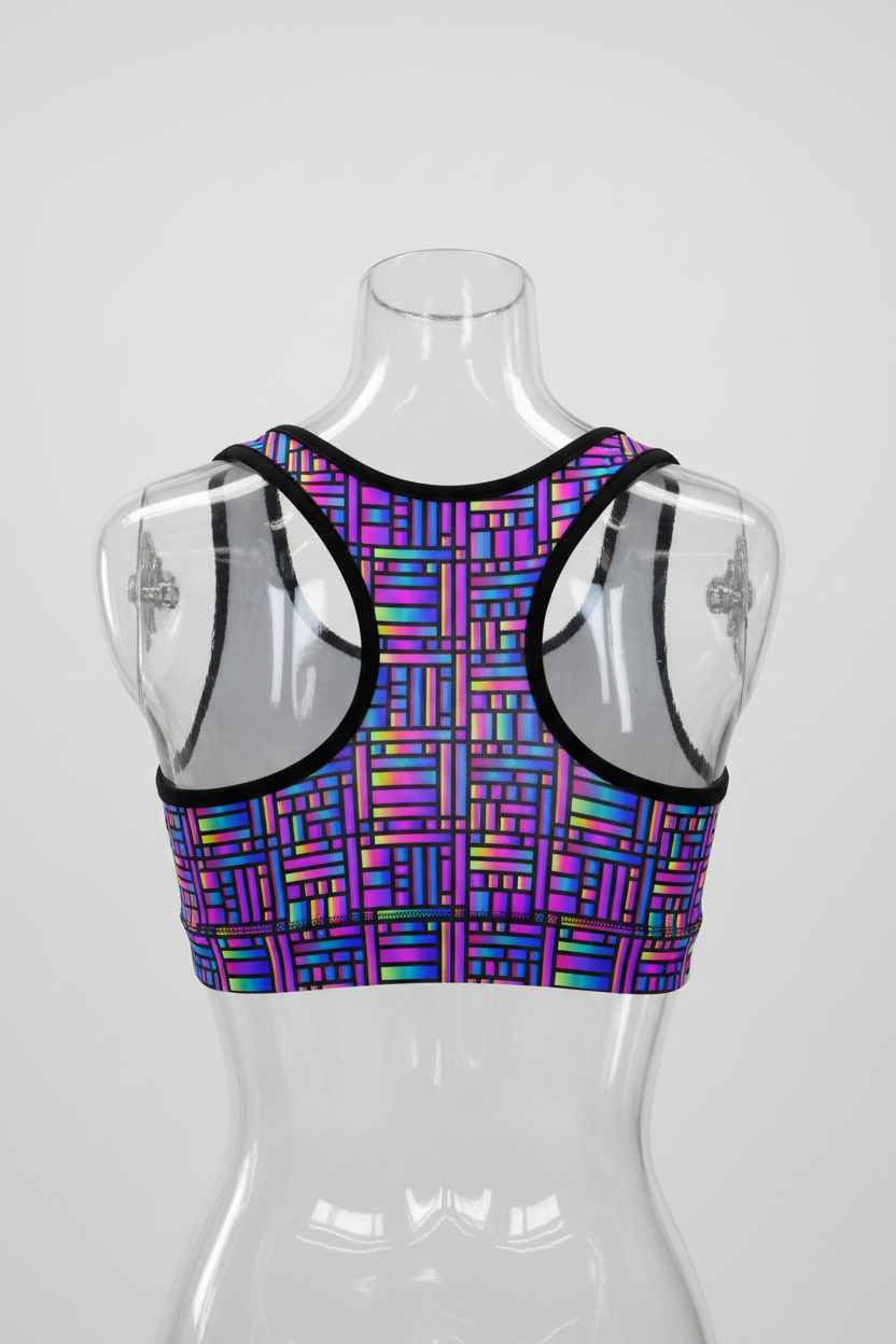 A racerback tank top with a vibrant multicolor geometric pattern of intersecting lines in purple, blue, pink, and green, featuring solid white underarm panels and black trim. 
