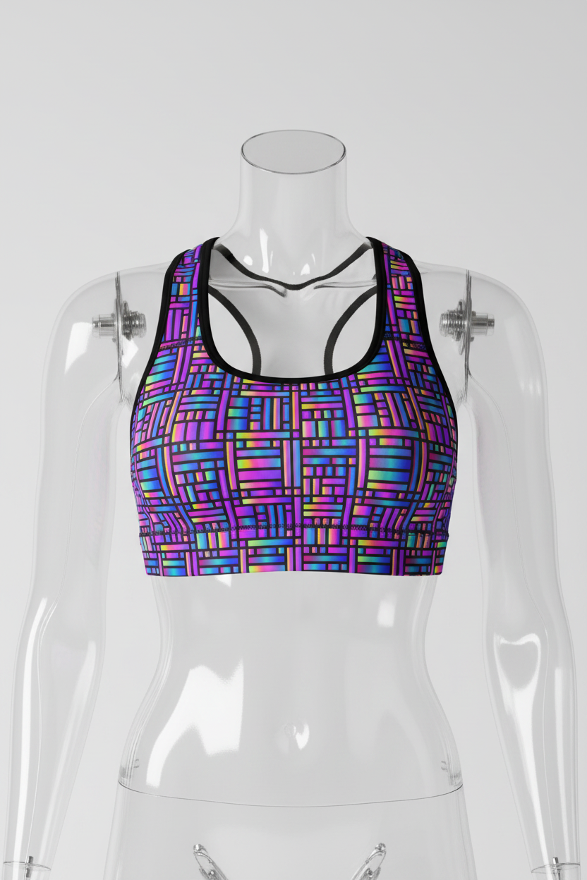 A racerback sports bra with a vibrant, multicolored geometric block pattern in shades of purple, blue, pink, and yellow, outlined with black trim. 