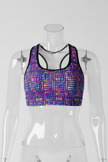 A racerback sports bra with a vibrant, multicolored geometric block pattern in shades of purple, blue, pink, and yellow, outlined with black trim. 