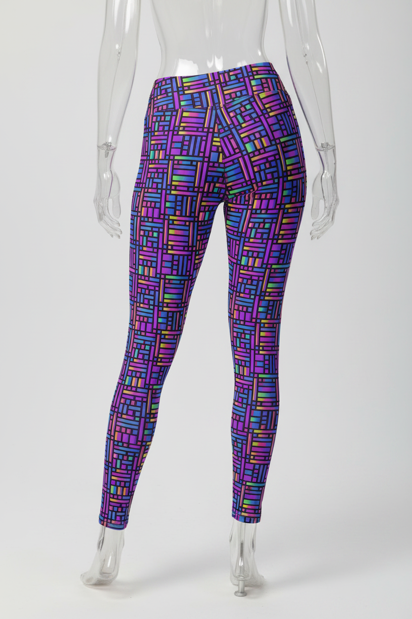 A mannequin shown from the back wearing high-waisted leggings with a dense multicolor geometric block pattern on a white studio background.