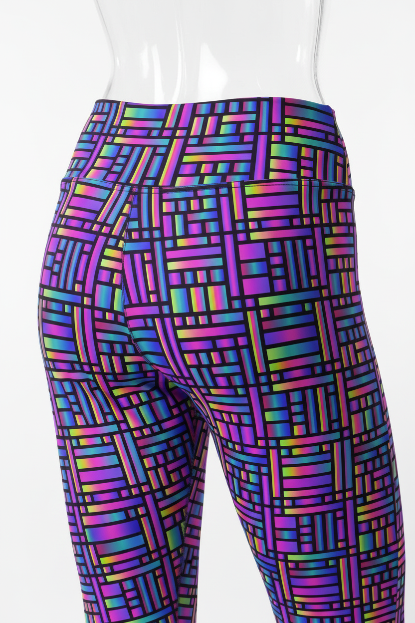 Close-up of a mannequin wearing high-waisted leggings with a bold geometric block pattern in neon purple, blue, green, yellow, and pink on a black background.