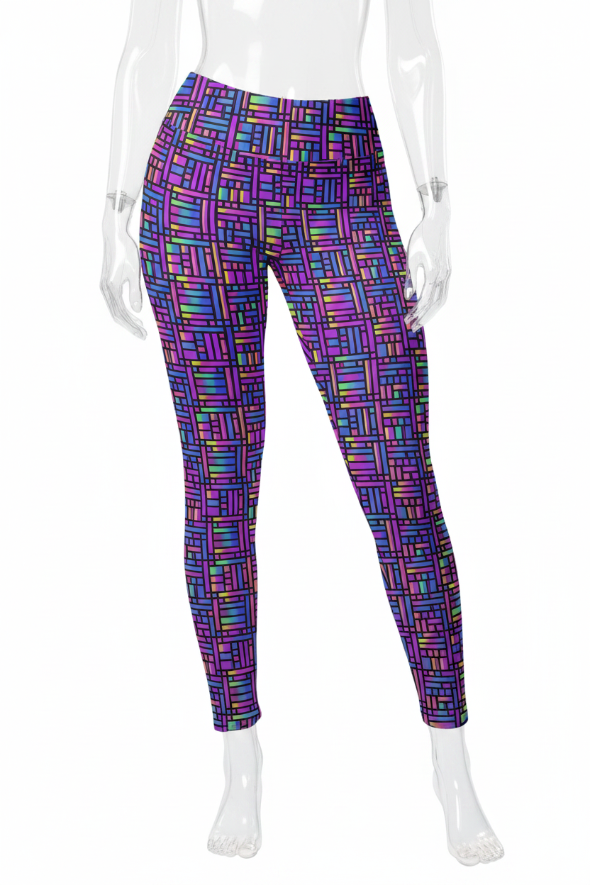 A mannequin modeling high-waisted leggings with a dense multicolor geometric stripe pattern on a plain white background.