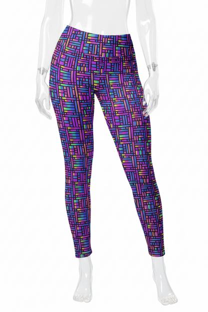 A mannequin modeling high-waisted leggings with a dense multicolor geometric stripe pattern on a plain white background.