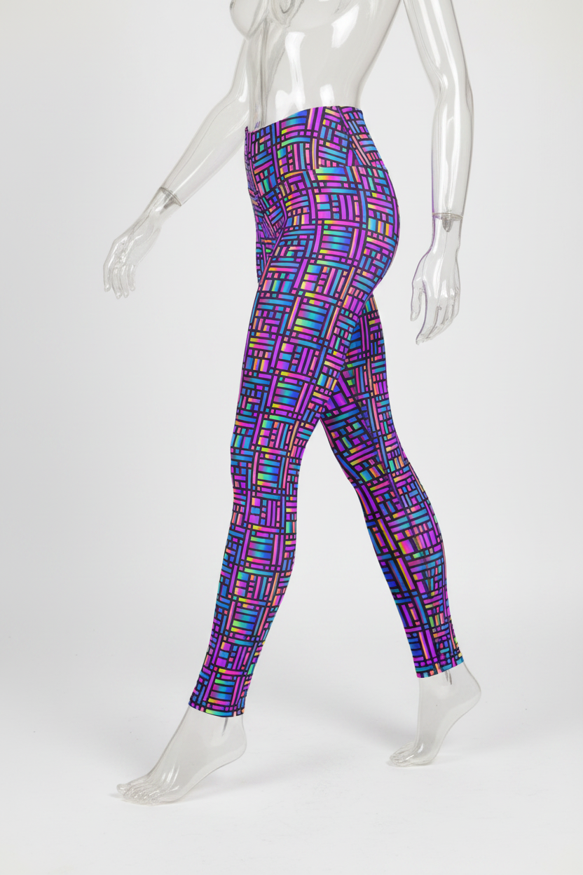 A mannequin wearing high-waisted leggings with a bright multicolor geometric block pattern on a plain white background.