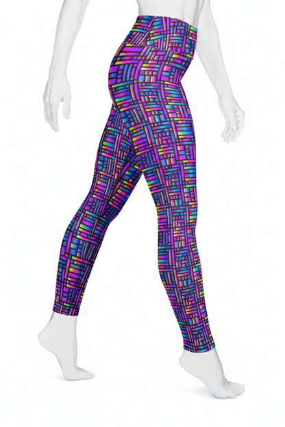 A mannequin wearing high-waisted leggings with a bright multicolor geometric pattern of intersecting neon lines in purple, blue, green, yellow, and pink on a white background.