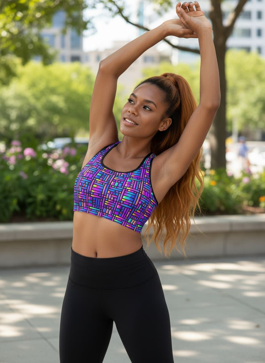 Woman in athletic wear stretching outdoors with trees and buildings in the background