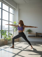 Woman practicing yoga in a bright, sunlit room with large windows and plants.