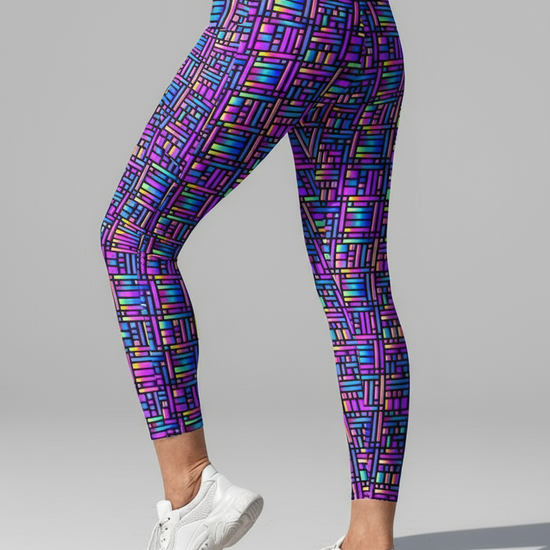 Close up of back, left view of bright, colourful Pixel Pulse Crossover leggings by Pixie and Sherbet.
