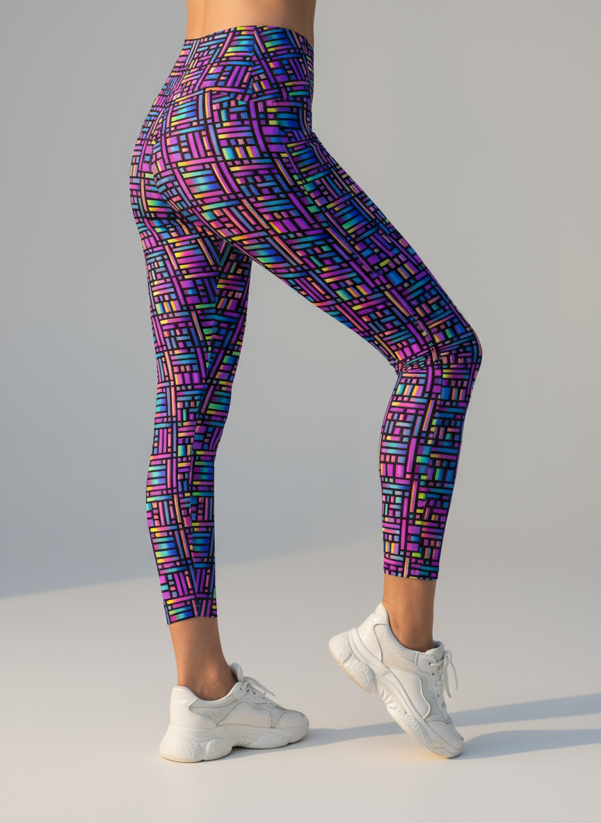 Close up right, back view of bright, colourful Pixel Pulse Crossover leggings by Pixie and Sherbet.